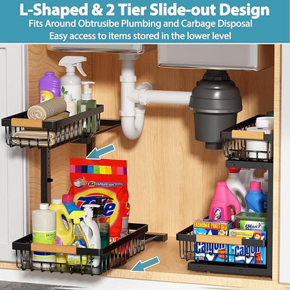 Liuoud Under Sink Organizer 2 Pack, 2 Tier Slide Out Large Capacity Height