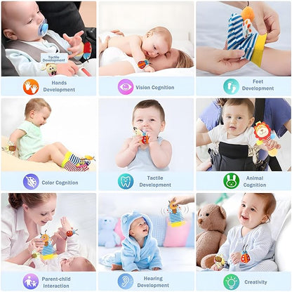 BLOOBLOOMAX Wrist Rattles Foot Finder Rattle Toy for 0-4 Months Baby, Feet Leg Ankle Socks Arm Hand Bracelet Shaker for 4-8 Months Infant boy & Girl, Gift Set for 0-1 Years Newborn Babies (5 pcs-B)