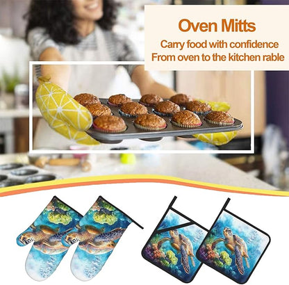 Ocean Turtle Pattern Oven Gloves and Hot Pads Set