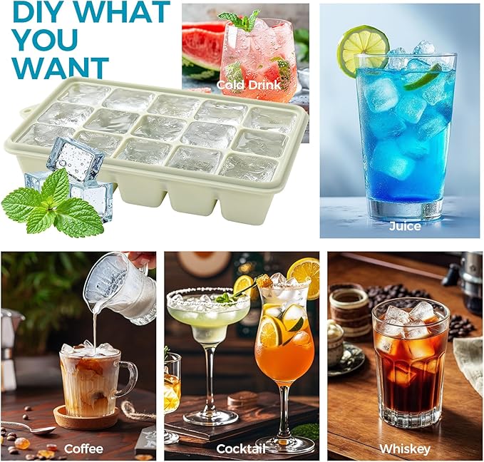 Silicone Ice Cube Trays with Lids 3-Pack, 15-Cavity Ice Tray Set