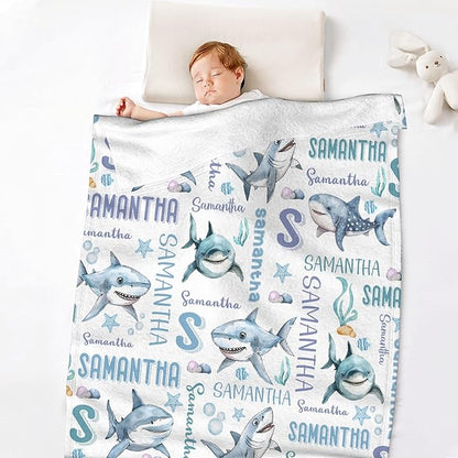 Personalized Baby Blanket for Girls Boys Kids Shark Custom Baby Blanket with Name Throw Birthday Gift for Toddlers Infants Shower Newborns Nursery Stroller Crib Bed Decor