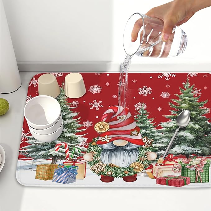 Christmas Dish Drying Mat for Kitchen Counter, Merry Christmas Dish Drying Mat