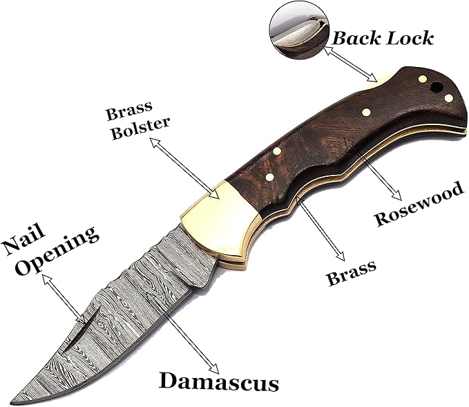 6.5" Handmade Damascus Steel Folding Hunting Knives For Men, Pocket Knife For Camping, Survival, Skinning And Outdoor Activities With Leather Sheath. (Rosewood)