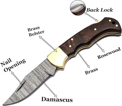 6.5" Handmade Damascus Steel Folding Hunting Knives For Men, Pocket Knife For Camping, Survival, Skinning And Outdoor Activities With Leather Sheath. (Rosewood)