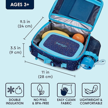 Bentgo Kids Lunch Bag - Double-Insulated, Reusable Lunch Bag for Kids 3+ with Adjustable Strap; Holds Lunch Box/Water Bottle/Snacks; Easy-Clean, Water-Resistant & Pockets (Confetti - Abyss Blue)