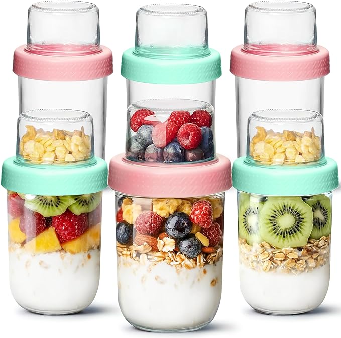 ComSaf Overnight Oats Containers with Lids (16oz+4oz, 6Pcs), Dual-Layer Chia Pudding Jars with Dry and Wet Separation, Yogurt Parfait Cups for Oatmeal Cereal Nut Fruit, Meal Prep Glass Jars for Salad