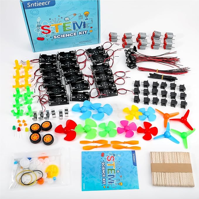 Sntieecr 276PCS DC Motor Kit, Mini Electric Circuit Kit for DIY Science Projects with Motors, LED Light, Vanes Propeller, AA Battery Holder, Plastic Gears, Gift for Kids