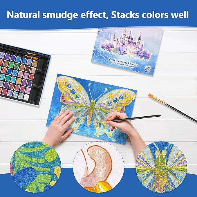 Mini Glitter Watercolor Paint Set with Paper, 60 Colors Shimmer Metallic Watercolour Painting Sets, Solid Pearl Water Color Paints for Adult, Kids, 1ml Trial Package(1ml 60 Colors)