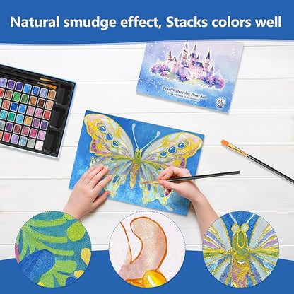 Mini Glitter Watercolor Paint Set with Paper, 60 Colors Shimmer Metallic Watercolour Painting Sets, Solid Pearl Water Color Paints for Adult, Kids, 1ml Trial Package(1ml 60 Colors)