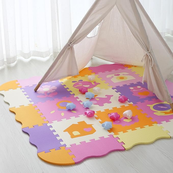 Foam Play Mat for Kids，25Pcs Square Interlocking Puzzle Floor Mat，Baby Play Mat Floor Mat Foam Puzzle Playmat for Toddlers with Fence - 9 Different Animal