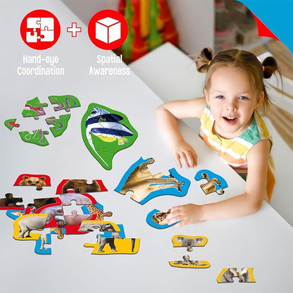 12 Pack Marine Animal Puzzles, 48 Pieces Step-by-Step Animal Jigsaws, Realistic Sea Animal Jigsaw Puzzles with Name Guide Early Learning for Beginner Preschool Toddlers 3+ Years Old