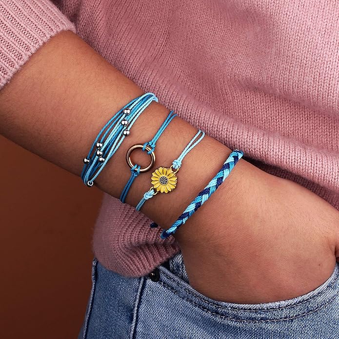 FANCY SHINY Sunflower String Bracelet Boho Braided Rope Wrap Bracelets Cute Summer Beach Surfer Jewelry for Women Christmas Gifts