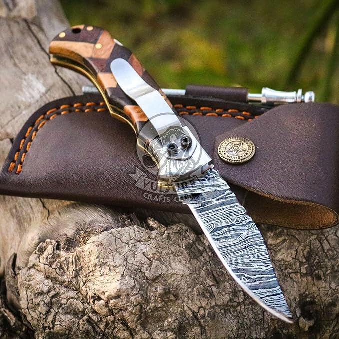Damascus Pocket Knife for Men Handmade - 6.5 Inches Damascus Folding Knife with Sheath -Ideal for Him as an Anniversary Present - Best for EDC - Camping and Hiking - Pocket Knives with Back Lock