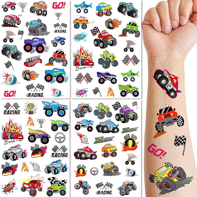 Temporary Tattoos for Kids, 75 PCS Truck Tattoos for Hot Wheel Birthday Party Decoration Favor, Metallic Tattoos, Monster Truck, Car Racing, Checkered Flag, Flames Tattoo for Boys Girls