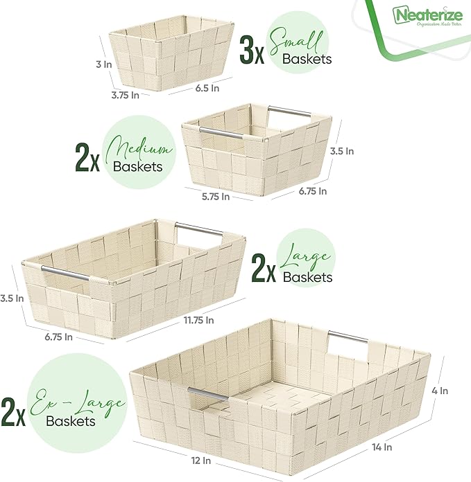 Baskets For Organizing Set Of 9 Cream - Storage Baskets For Shelves - Perfect Closet Organizer Bins, Bathroom Basket, and Pantry Basket - Small Storage Bins For Shelves - Bin For Organization