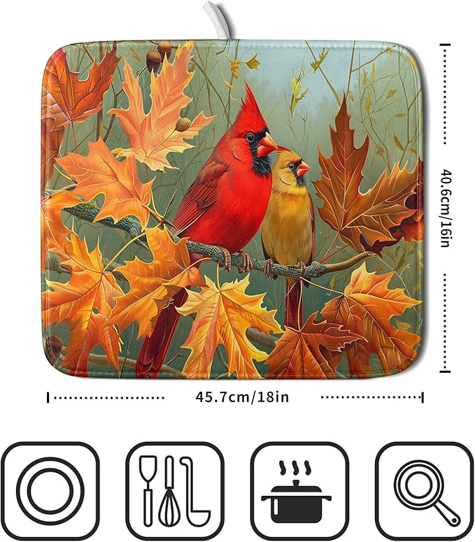 Giwawa Fall Birds Dish Drying Mat 16x18 Inch Autumn Maple Leaf Tree Dish
