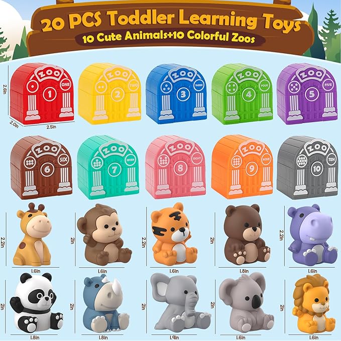 Learning Toys for 1,2,3 Year Old Toddlers, 20Pcs Safari Animals Toys Montessori Counting, Matching & Sorting Fine Motor Games, Christmas Birthday Easter Gift for Baby Boys Girls Age 12-18 Months
