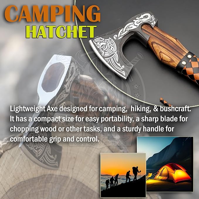 SHINY CRAFTS®- Handmade Viking Axe – Unique Gift for Him Engraved Carbon Steel Hatchet with Leather Sheath for Dad, Husband, Outdoorsman (SCA-03)