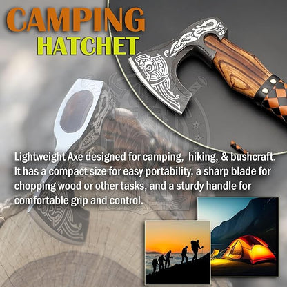 SHINY CRAFTS®- Handmade Viking Axe – Unique Gift for Him Engraved Carbon Steel Hatchet with Leather Sheath for Dad, Husband, Outdoorsman (SCA-03)