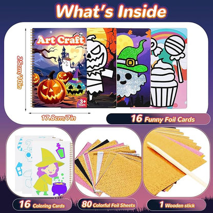JULEASEL Halloween Foil Paper Arts and Crafts Kits, DIY Halloween Arts and Crafts for Kids, No Mess Foil and Coloring Books, Creative Spooky Art Gifts for Boys Girls Ages 4+