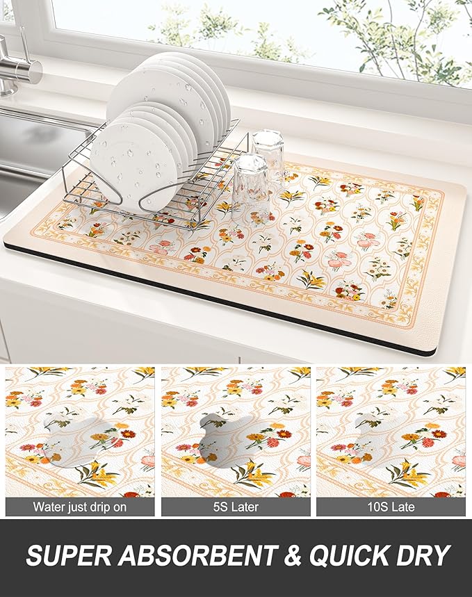 Rnivvi Dish Drying Mat for Kitchen Counter, 12 x 19" Cute Flower Theme Super