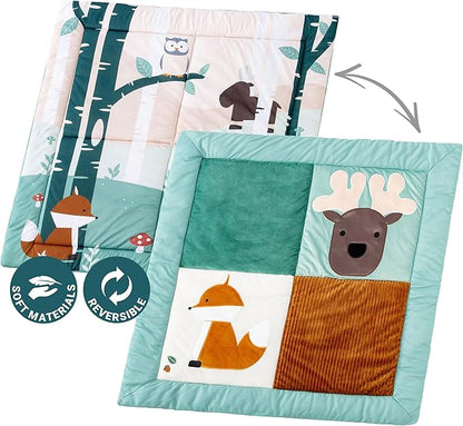 Little Big Friends Patchwork Baby Playmat – Reversible Floor Mat for Tummy Time & Sensory Development | Encourages Exploration & Motor Skills | Forest