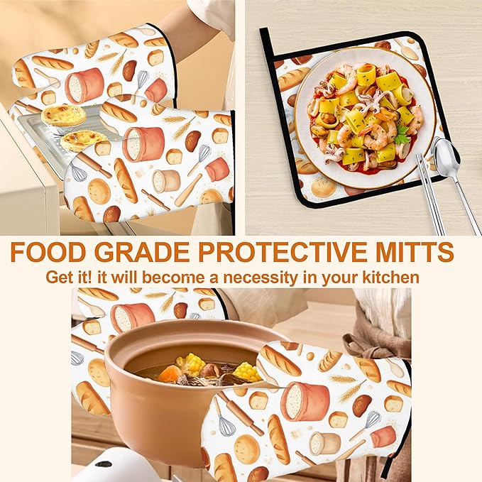 Kitchen Bread Oven Mitts with Matching Potholders