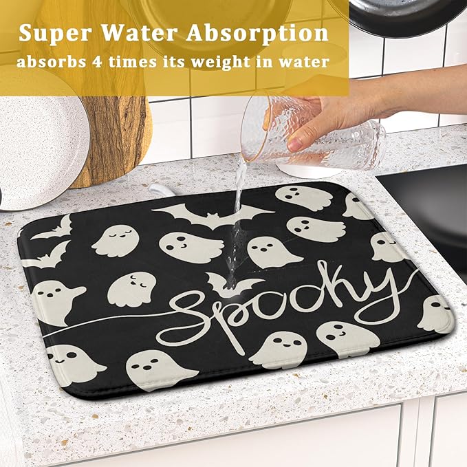 Halloween Dish Drying Mat for Kitchen Counter 16x18 Cute Ghost Black Spooky