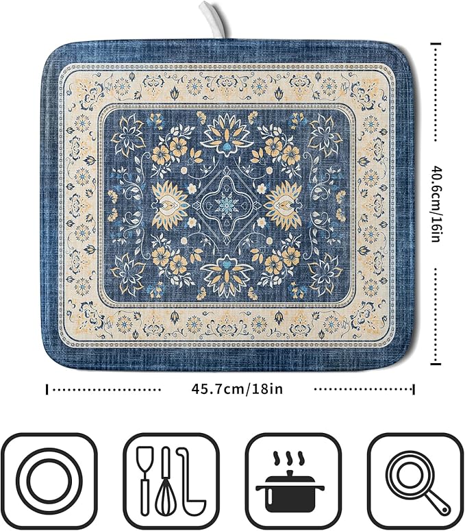 Blue Boho Dish Drying Mat for Kitchen Counter 16x18 Inch Fast Dry Drying Pad