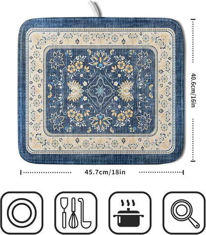 Blue Boho Dish Drying Mat for Kitchen Counter 16x18 Inch Fast Dry Drying Pad