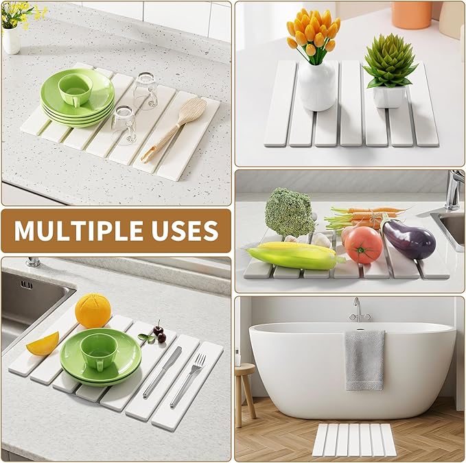 Stone Dish Drying Mat for Kitchen Counter, 15.5''x11.8'' Foldable Quick Dry