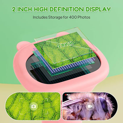 Kids Magnifying Glass, 2.0 Inch Digital Screen Mini Pocket Microscope for Bug - 200x Zoom Handheld Microscope with Adjustable Lights, Edu Birthday Gifts for Age 3-12 Girls