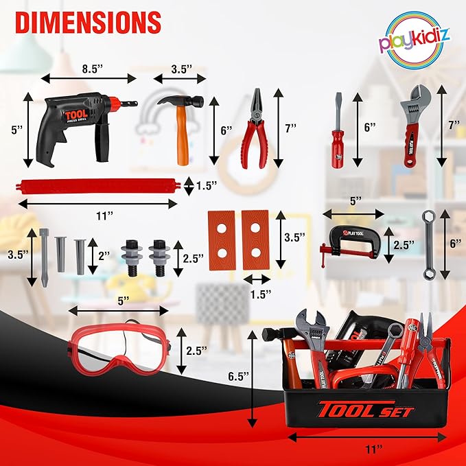 Playkidz Tool Box for Kids 22-Piece Boys & Girls Construction Toy Playset w/Carry Chest, Working Push Button Power Drill, Hammer, Screwdriver, Wrench, Pliers, Saw & Other Realistic Tools Ages 3+