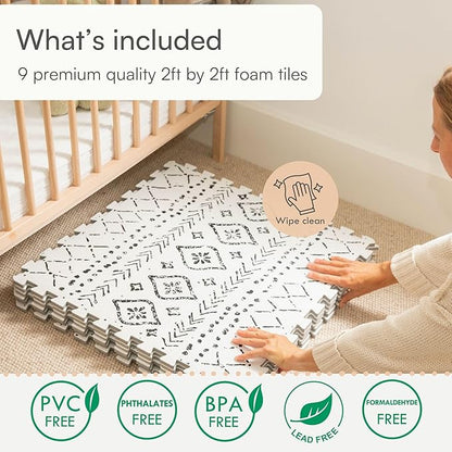 Lillefolk Baby Play Mat for Floor – 6x6ft Boho | Soft Non Toxic Premium EVA Foam Tiles for Tummy Time, Crawling & Playroom – Waterproof Interlocking Floor Mat for Babies & Toddlers (9 Tiles)