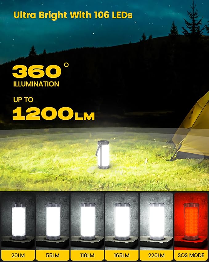 Glocusent 106 LED Camping Lantern Rechargeable, Up to 80Hrs, 5000mAh Lantern with 5 Brightness 3 Modes & SOS, IP68 Waterproof, Max 1200LM, Camping Light for Power Outages Hiking Emergency Hurricane