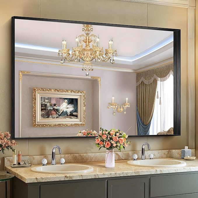 CIRCUMI Black Bathroom Mirror, Brushed Finish, Tempered Glass, Large Mirror
