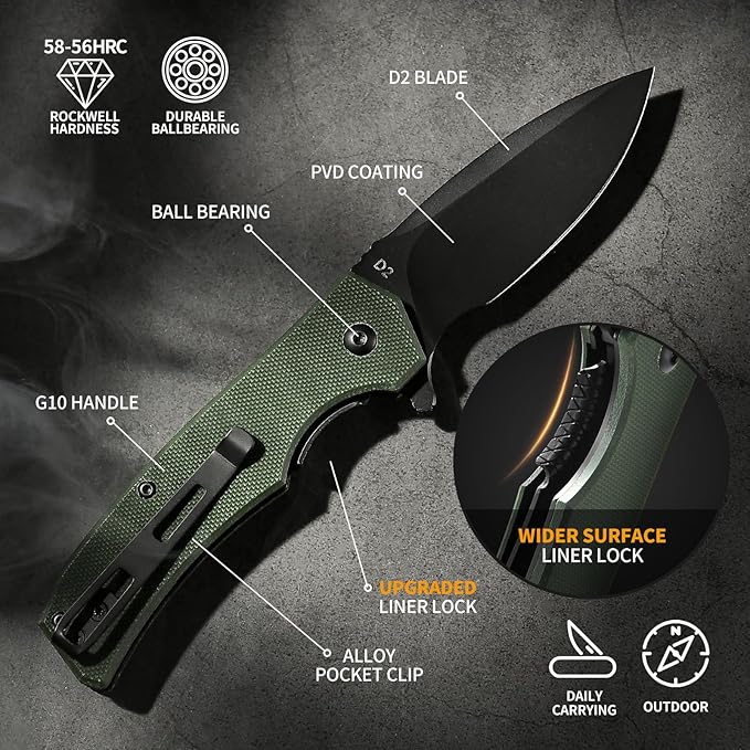 Praxis Pocket Knife, 2.9" D2 Steel Folding Knife with G10 Handle PVD Titanium Coating Blade Lightweight for every day carry