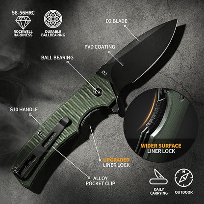 Praxis Pocket Knife, 2.9" D2 Steel Folding Knife with G10 Handle PVD Titanium Coating Blade Lightweight for every day carry