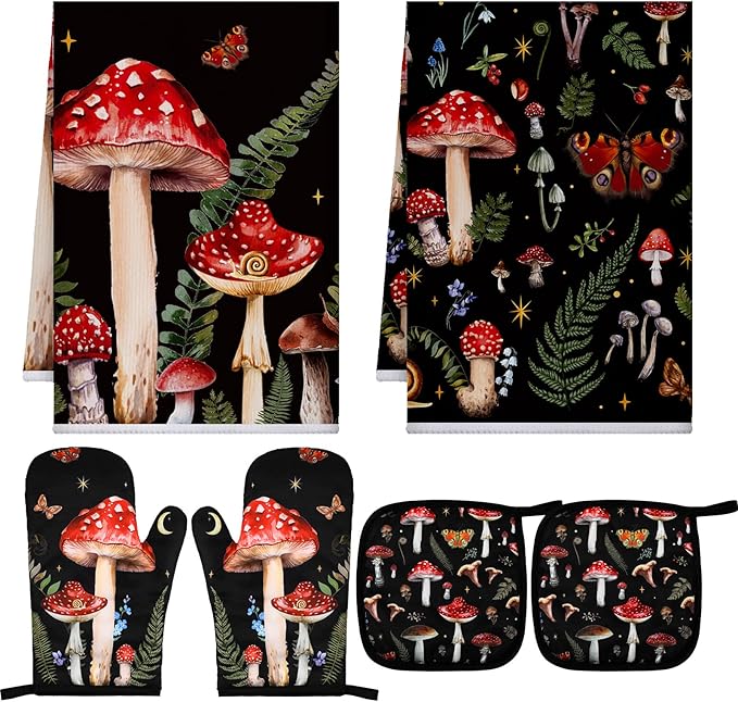 Bencailor 6 Pcs Mushroom Kitchen Towels Oven Mitts and Pot Holders Set