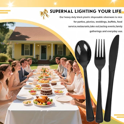 Supernal 300 Pieces Black Plastic Silverware Disposable Cutlery Black Disposable Silverware Heavy Duty Plastic Cutlery Set 100 Forks 100 Knives 100 Spoons for Wedding Party Supplies Everyday Use