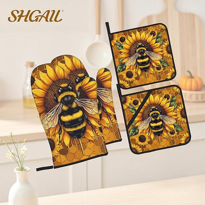 Sunflower Bee Oven Mitts and Heat Resistant Pads