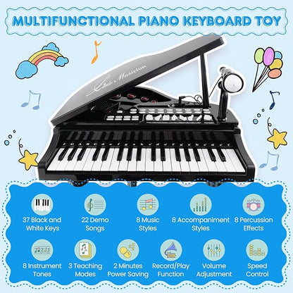 Costzon Kids Piano, 37 Key Mini Grand Piano Toy Keyboard with Microphone, Stool & Lights, Portable Electronic Piano Educational Musical Instrument Toy, Birthday Gift for Toddler Boys Girls (Black)