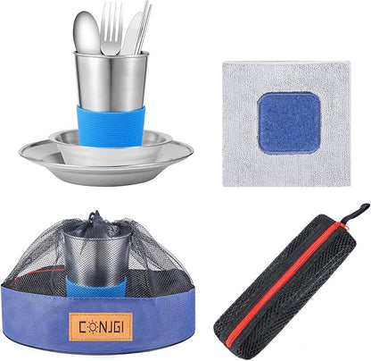 Outdoor Camping Mess Kit - 1 to 2 persons Camping Dishes Includes Cups, Bowls, Dishes, Knives, Forks, Spoons, Etc, Camping Dinnerware Set with Mesh Bag is Easy to Carry Camping Tableware Set