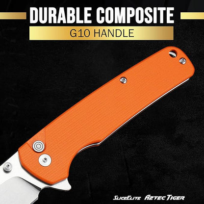 SliceElite 3.6-Inch Aztec Tiger Folding Knife | Pocket Knife with Orange G10 Composite Handle, D2 Steel Drop Point Blade & Stainless Steel Pocket Clip | EDC Gear Knife with Button Lock for Outdoor Use