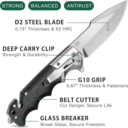 LOTHAR SMAUG Pocket Knife, 3.7 inch D2 Steel Folding Knife with Clip, Sharp Tactical Knife with G10 Handle, Glass Breaker, Pocket Knives for Men, Survival Knife Valentines Day Gifts for Him Men Women