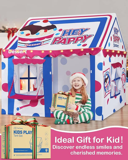 Kids Play Tent, Toddler Tent for Kid Indoor & Outdoor, 48.5"x39.4"x48.5" Playhouse Tent Dessert Theme with Complete Toys Set, 3 Window, Lights and 5 Balloons