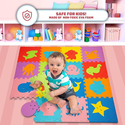 TOYVELT Foam Puzzle Floor Mat for Kids 12x12-16 Interlocking Play Mat Tiles with Colors, Alphabet, ABC - Educational Large Puzzle Foam Floor Tiles for Crawling, Exercise, Playroom, Play Area
