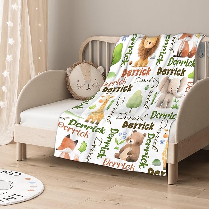 Personalized Baby Blanket for Girls Boys Kids Elephant Lion Bear Custom Baby Blanket with Name Throw Birthday Gift for Toddlers Infants Shower Newborns Nursery Stroller Crib Bed Decor