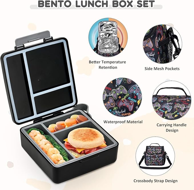 Lunch Box Set with Bento Box Container, 17OZ Stainless Steel Food Soup Thermo, Kids Water Bottle & Portable Insulated Lunch Bag – Leakproof, Hot/Cold Retention for School, Travel (Black-Game)