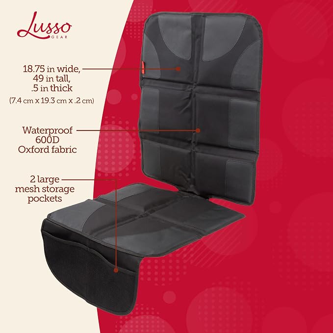 Lusso Gear Car Seat Protector for Baby Car Seat - Thick Padding - Seat Protector Under Baby Car Seat with 2 Mesh Storage Pockets - Black Waterproof Baby Car Seat Protector - Non-Slip Padded Backing